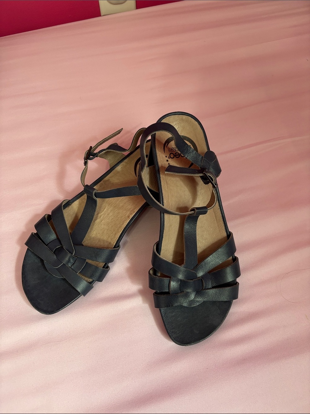 Abeo Navy Strappy Knot T‑Bar Sandals, Size 7